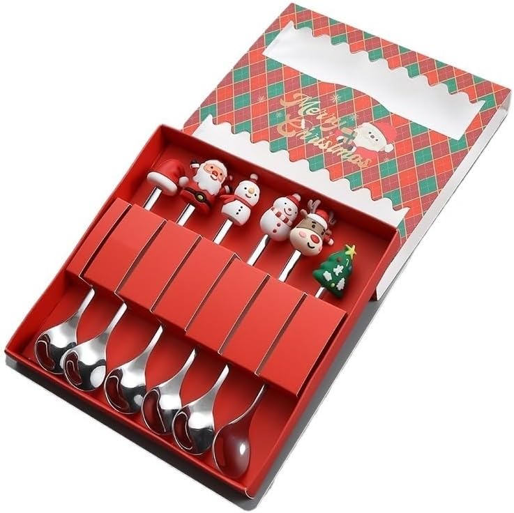 Silverware Flatware Set, Stainless Steel Dessert Spoon Christmas Cartoon Creative Gift Box(Silver,4Set)