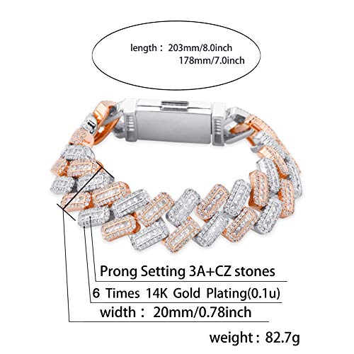 Jinao 20Mm 6 Times 14K Gold Plated Cuban Link Bracelet Iced Out Bling Round Carre Baguette Cut Cz With Prong Setting Simulated Diamond Bracelet Hip Hop Jewelry For Men (Rose Gold&White Gold, 7.5) #TOP14