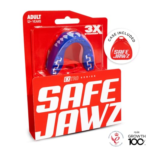 Image of SAFEJAWZ Mouth Guard, Dual Layer Mouthguard for Adults with Case, Easy Fit Remoldable Mouthpiece for Football, Boxing, Lacrosse, MMA, Basketball & All Contact Sports (Adult 12+ Years, Shark Blue)