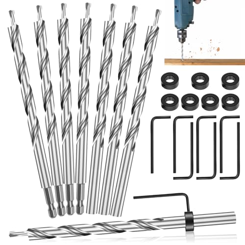 8Pcs 3/8 Inch Pocket Hole Drill Bit with Depth Stop Collar and Wrench 4 Round Shank and 4 1/4 Hex Shank Twist Step Drill Bit for Manual Pocket Hole Jig Kit (6.9 Inch Length)