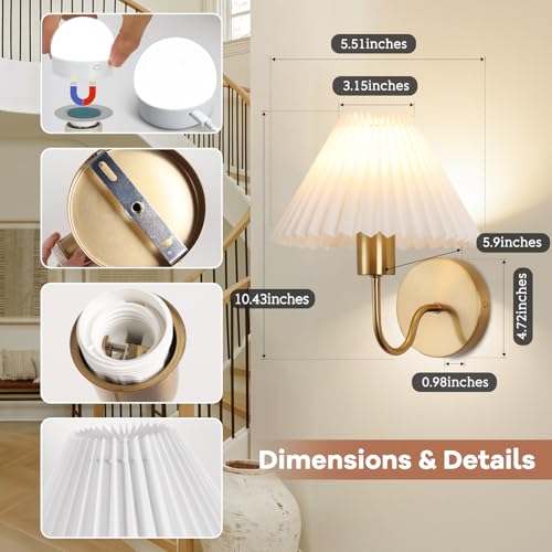 Image of Wireless Wall Sconce Sets of 2, Pleated Shades Rechargeable Battery Operated Wall Sconce, Retro gooseneck Gold Wall Lights Bathroom Vanity Sconces, Wall Mounted Lamps for Bedroom Living Room Kitchen