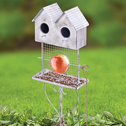 BAYN 47.5” Bird House Feeder Stake Outdoor, Metal Fruit Wild Bird Feeders Double-Hole Birdhouse Stake with Orange Holder Outside Decorations for Patio, Backyard, Yard
