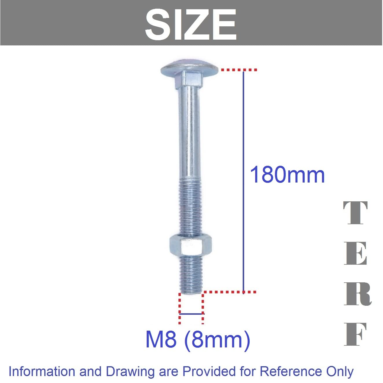 TERF® Boulons à tête ronde carrée M8 x 180 mm et écrou M8 (8 mm) x 180 mm, avec écrous hexagonaux, lot de 5