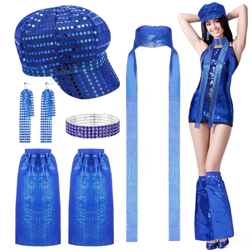 ViEinkaufen 7 Pcs 70s Abba Accessories Set,1970s Disco Fancy Dress Costume Set with Sequin Hat Long Scarf Bracelet Earrings Leg Warmers,Aabba Outfits Set for Women Girl