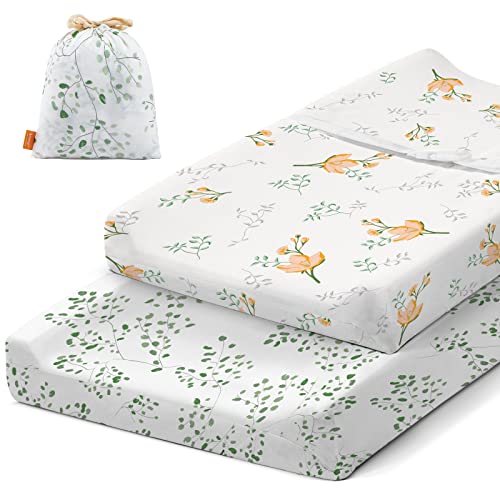Image of Besrey 2 Packs Bassinet Sheets Fitted for Baby Boy and Girl, with a Storage Bag, Jersey Cotton Baby Bassinet Sheet for Bassinet Mattress (Flora Plant Style, Changing Pad)