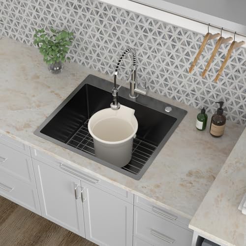 Image of Kichae 25 Inch Black Laundry Sink - 25x22 Kitchen Sink Drop In Utility Sink 12 inch Deep Sink Topmount Single Bowl Stainless Steel RV Laundry Sinks Handmade with Accessories