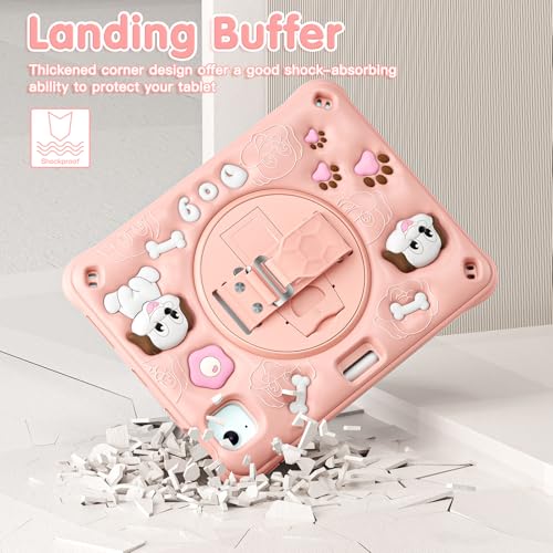 Image of ProElite Cover for iPad Air 11 M4 /M3 /M2 2026 /2025 /2024 / Pro 11 4th /3rd Gen /Air 5 /4 Gen 10.9 inch Case, Tough Bubble Kids Case with Pencil Holder with Rotating Kickstand & Shoulder Strap, Pink