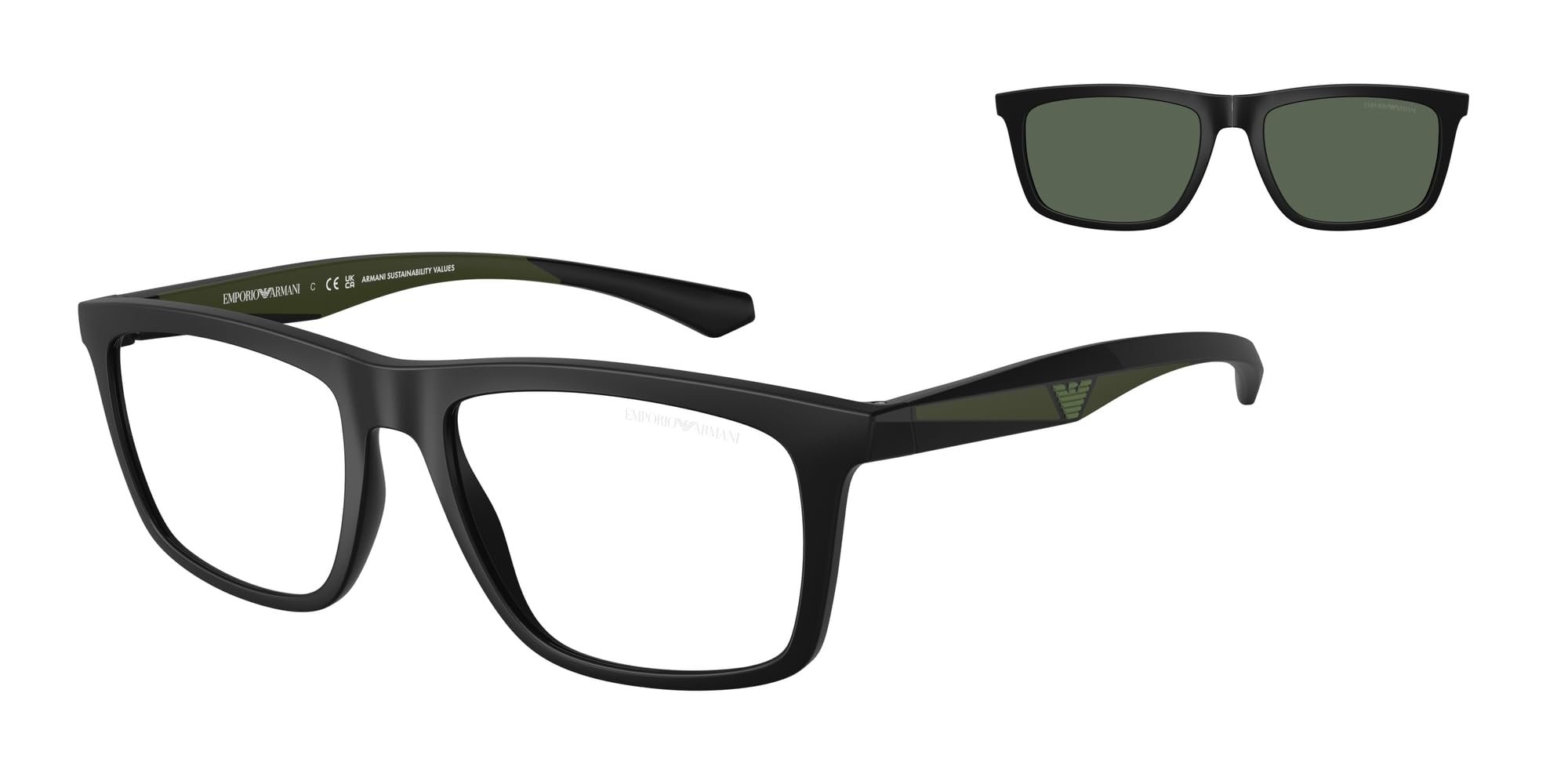 Emporio Armani Men's EA4235 with Sun Clip-Ons Square Prescription Eyewear Frames, Matte Black/Clear/Grey, 55 mm
