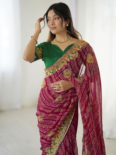Image of Satrani Women's Georgette Bandhani Printed Embroidered gota lace Saree with Unstitched Blouse Piece