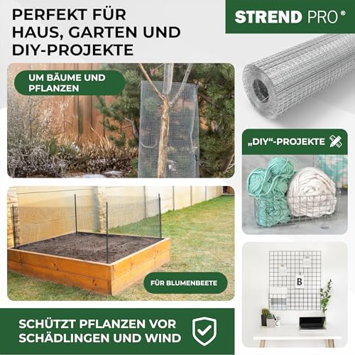 STREND PRO Maschendrahtzaun | Geschweißt - Verzinkt | 1m x 10m | 0,8 mm, 12,7x12,7mm | Kaninchendraht, Hasendraht, Volierendraht für Garten & Tierhaltung | Hasengitter, Hühnerzaun