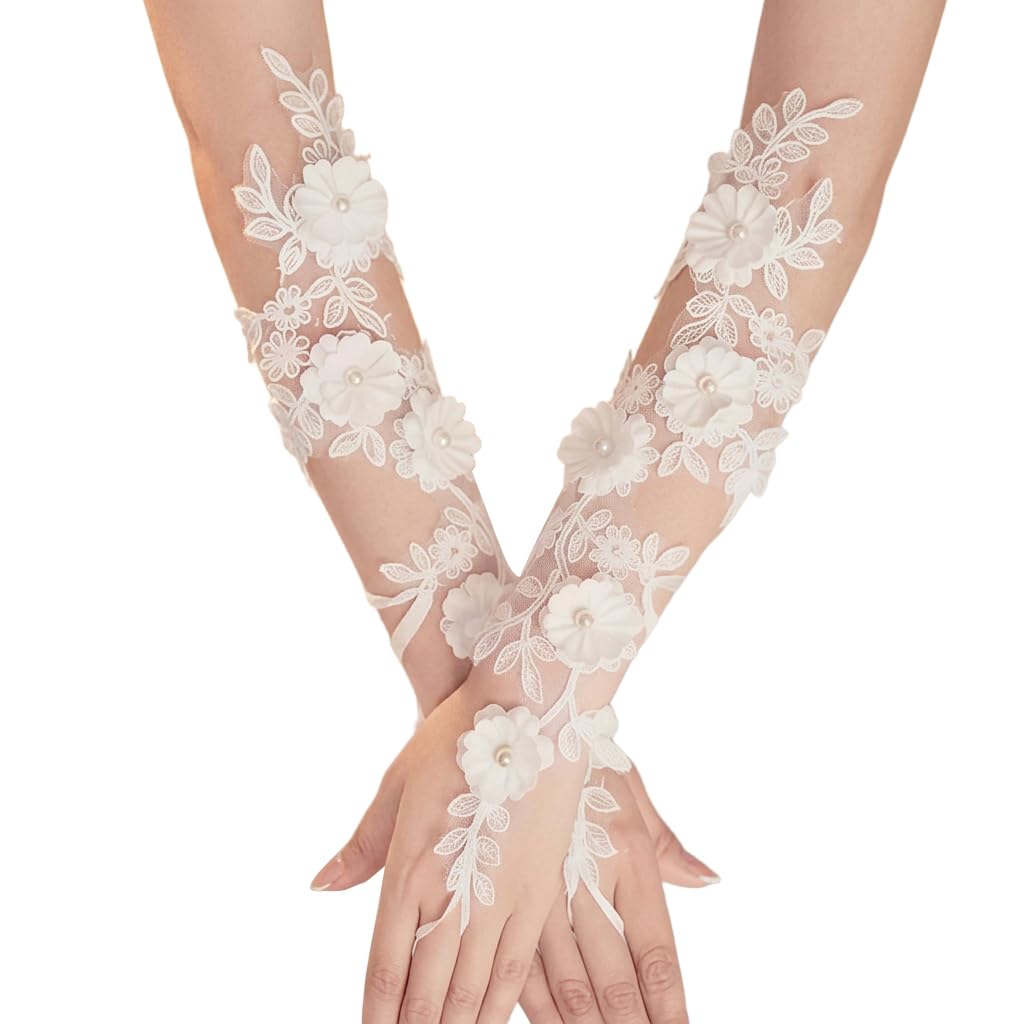 PATPAT® Bridal Wedding White Gloves for Women with Pearl, Elegant Lace Gloves for Women Princess Glove for Bride, Cosplay & Formal Events Banquet Stage Performance Accessories-image-34