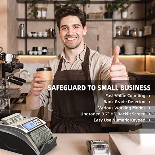 PONNOR Money Counter Machine with Value Bill Count, Cash Counter for Dollar, Euro with UV/MG/IR/DD/DBL/HLF/CHN Counterfeit Detection, Add/Bat/Value Mode Bill Counting Machine with Large LCD Display