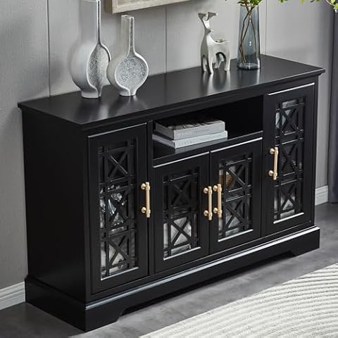 Mixcept Sideboard Buffet Storage Cabinet with Glass Doors, Adjustable Shelf, Black Coffee Bar Serving Table Cupboard for Dinning Living Room, 32” Height Cover