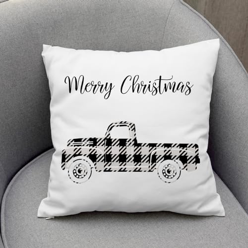Christmas-Truck-Merry-Christmas-Throw-Pillow-Covers-Set-of-2-Buffalo-Plaid-Fun-Rustic-Vintage-Black-White-line-Cushion-Soft-Decorative-Bedroom-Indoor-Camping-Cushion-Cover-18x18inch Christmas Truck Merry Christmas Throw Pillow Covers Set of 2 Buffalo Plaid Fun Rustic Vintage Black White line Cushion Soft Decorative Bedroom Indoor Camping Cushion Cover 18x18inch