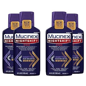 Mucinex Nightshift Sinus, Nighttime Sinus Symptom Relief, Pain Reliever, Fever Reducer, Cough Suppressant, Nasal Decongestant, Antihistamine, 6 FL OZ, Nighttime relief for a better Morning (Pack of 4)