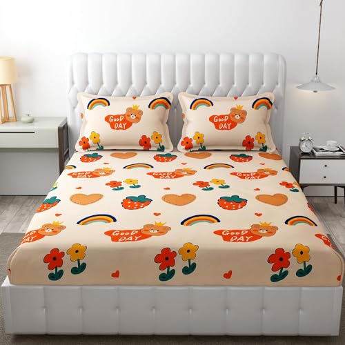 Image of RD FABS Cartoon Wrinkle Free Glace Cotton Bedsheet for Kids with 2 Pillow Cover (Double Bed King Size 90X95 Inches /Good Day /Pale Color /Boys Girls Room), 144 Tc,Multicolor