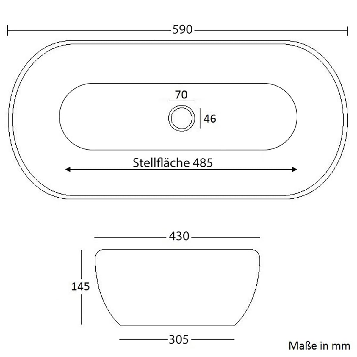 NEG Waschbecken Uno34A ovale Aufsatz-Waschschale 60x43x14,5cm | Extra groß, Schmaler Rand, Nano-Beschichtung