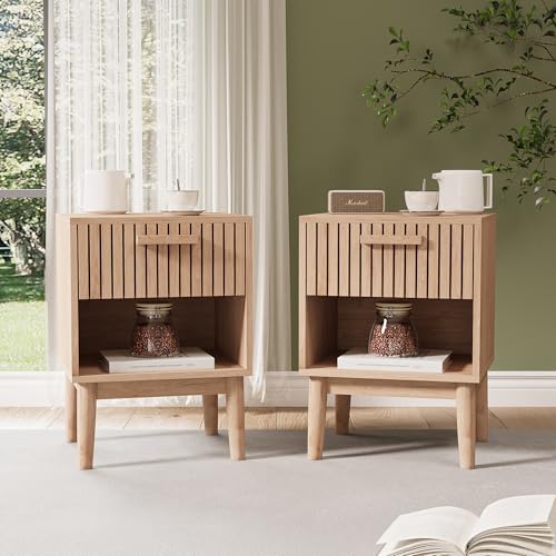 Teahutty 2 mesitas de noche, 55 cm de alto, mesa auxiliar bohemia con cajón y estante de almacenamiento, mesa auxiliar de granja para sofá, mesa decorativa para sala de estar, dormitorio, oficina