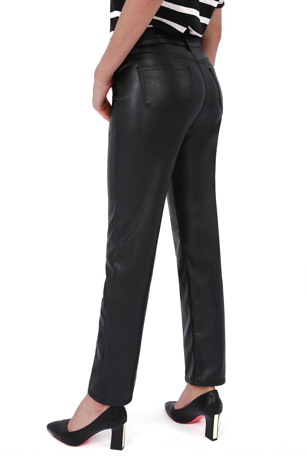 Balleay Art Faux Leather Pants for Women, Straight Leg Mid Waist Butt Lift Elastic Black Pants with 5 Pockets