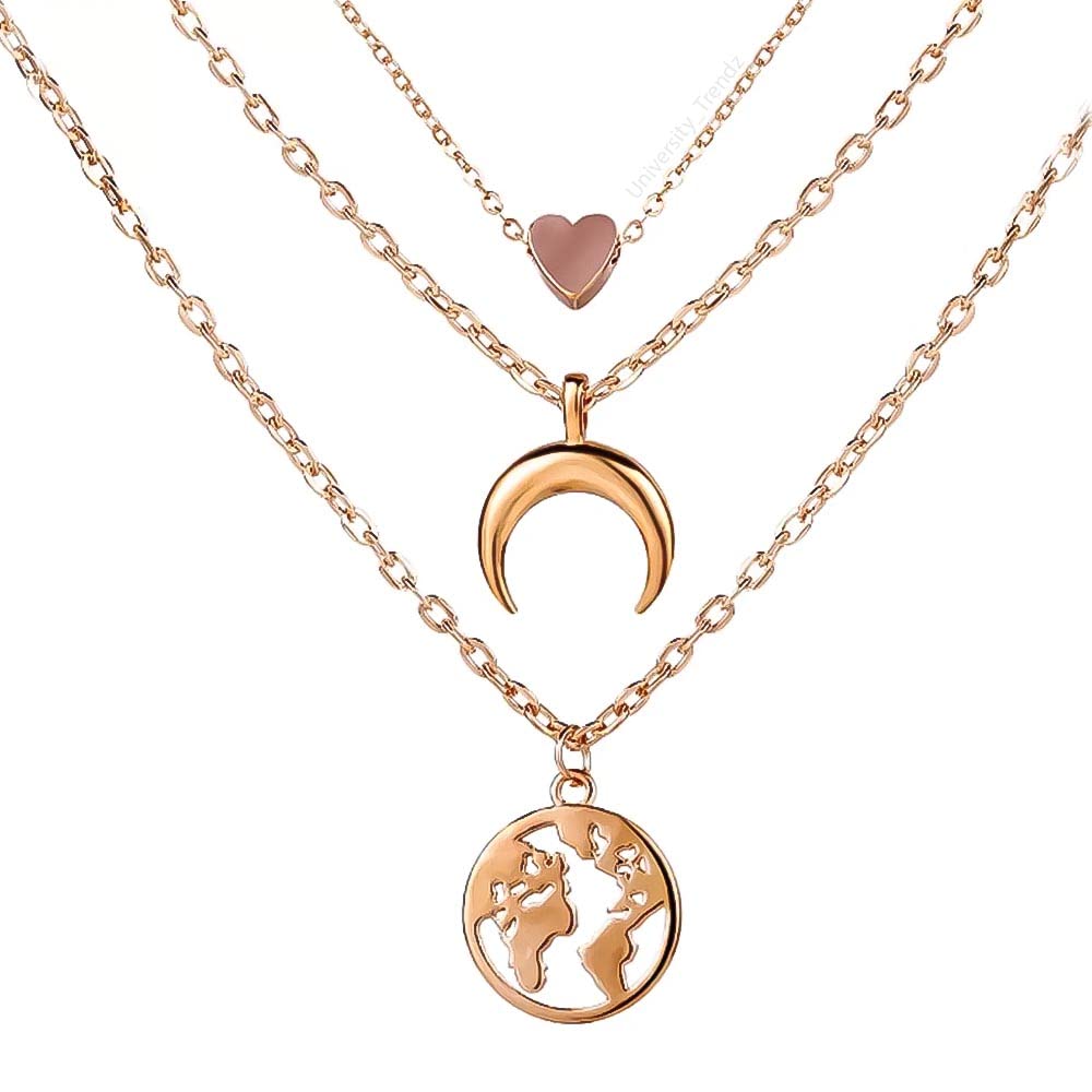 University Trendz Multi-Layers Moon Heart Earth Map Pendants Necklaces for Women & Girls