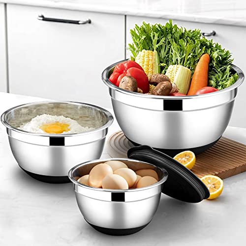 Foto von Joyfair Rührschüssel 3er Set, Edelstahl Schüssel mit Luftdichtem Deckel & Rutschfestem Boden, Salatschüssel Set für Küche/Backen/Kochen/Zubereitung, Spülmaschinenfest - 4.6L / 2.8L / 1.2L (Schwarz)