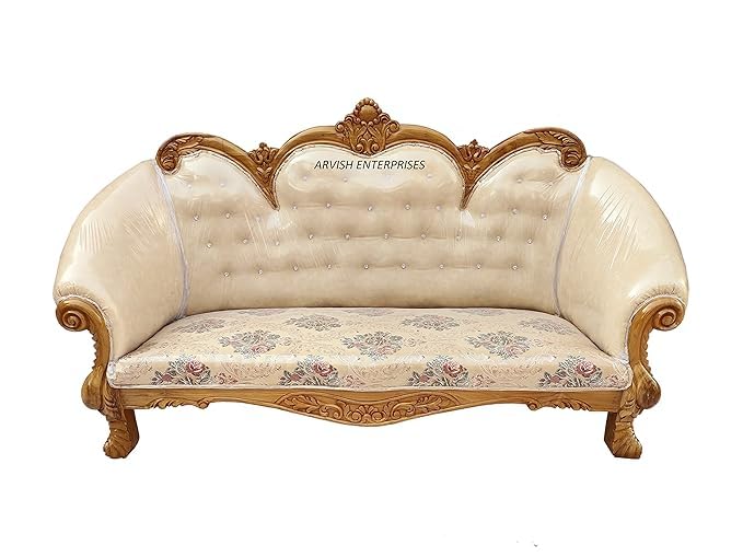 Image of Luxury Antique Sofa Set in a Classic Living Room Setting Solid Teak Wooden Five Seater Sofa Set with Cushion for Living Room | Honey Brown Finish | 208D x 76W x 119H cm (Design10)