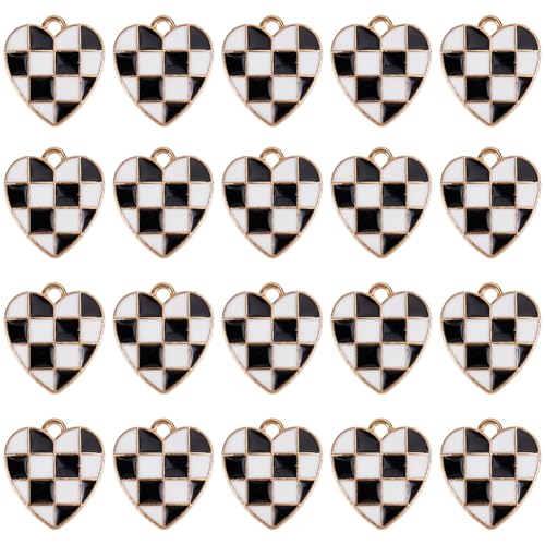 Breloques cœur noir et blanc drapeau carreaux émaillé pour fabrication bijoux et bracelets