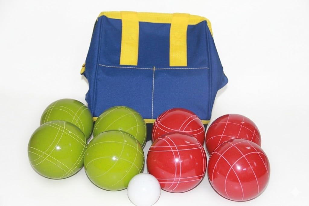 BuyBocceBalls Listing - Made in USA, Premium Quality Tournament Bocce Set - 110mm Lime Green and Dark Orange Balls, Nylon Blue/Yellow Bag, 998 Grams (2 lbs. 3.2 oz.).
