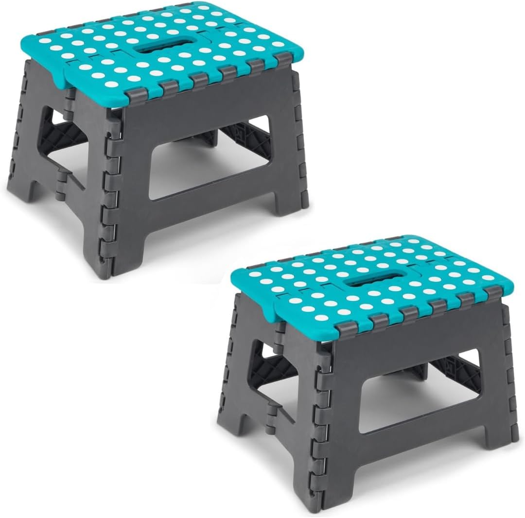 Folding Step Stool 9 Inch, Pack of 2, Portable Non-Slip Surface for Kids and Adults, Heavy Duty Foldable Stool with Carry Handle, Space-Saving for Kitchen and Bathroom (Blue/Grey)