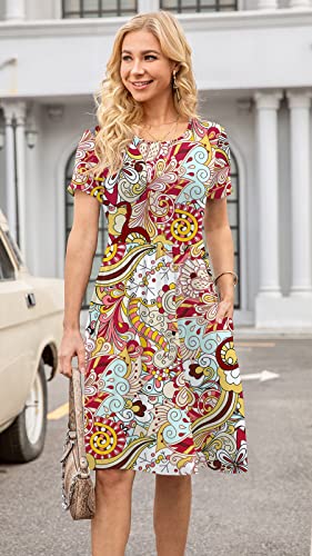 Image of DB MOON Women Summer Casual Short Sleeve Dresses Empire Waist Dress with Pockets
