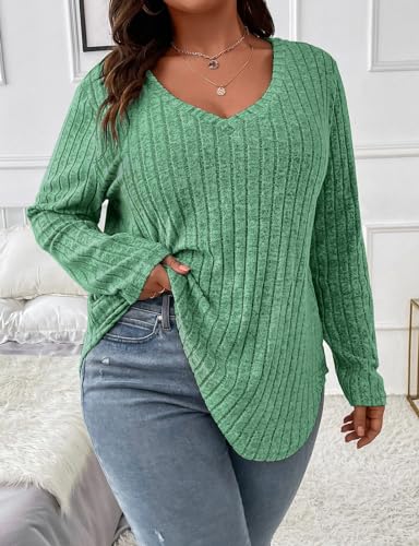 Image of Koscacy Women Plus Size Casual Knit Sweater V Neck Solid Color Tops Lightweight Long Sleeve Blouses