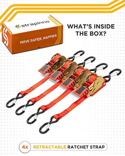 Strapinno Retractable Ratchet Straps 1 In X 10 Ft, Secure Tie-Downs With Rubber-Coated Handles & S-Hooks, For Moving Motorcycle, Bike, Kayak, Cargo & Daily Use- Breaking Strength 1,500Lbs/680Kg (4Pcs) #TOP1