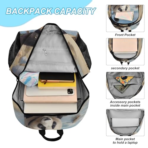 Backpack Lunch Bag Set for Travel Hiking Picnic, Panda Beach Print Backpacks with Insulated Lunch Box4