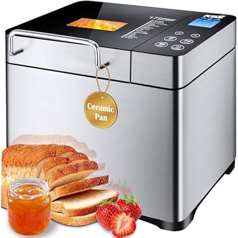KBS Pro Stainless Steel Bread Machine, 2LB 17-in-1 Programmable XL Bread Maker with Fruit Nut Dispenser, Nonstick Ceramic Pan& Digital Touch Panel, 3 Loaf Sizes 3 Crust Colors, Reserve& Keep Warm Set Cover