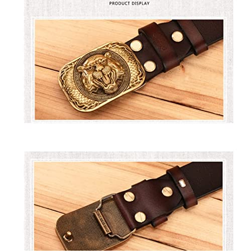 Western Cowboy Belt,Men's Gold Tiger Buckle Personality Cowhide Leather Belt3