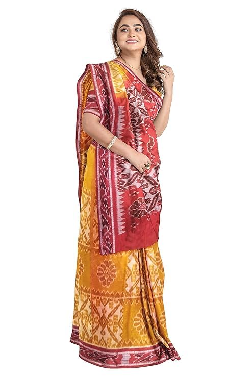 Image of Ikat Women's Cotton Saree, Handmade Pure Cotton Khandua Saree, Ikkat Orissa Traditional Handloom Saree without Blouse