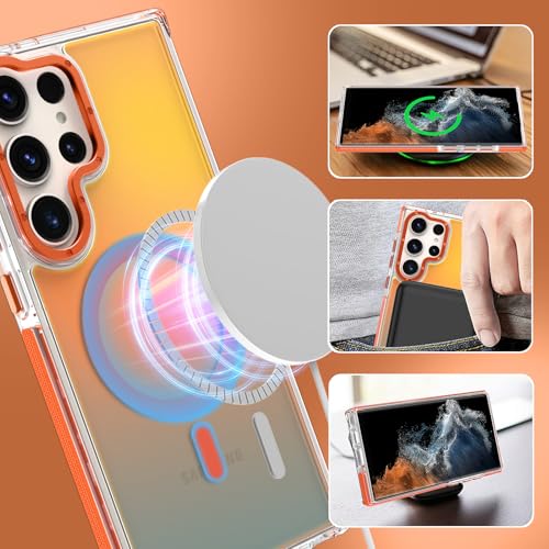 Image of Magnetic Case for Samsung Galaxy S22 Ultra [Compatible with Magsafe] [Cute Fashion Fluorescent Design] [1 Screen Protector] Slim Translucent Matte Case for Galaxy S22 Ultra 6.8 inch, Orange
