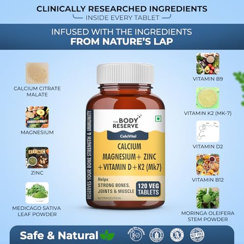 Image of The Body Reserve Calcium, Magnesium, Zinc with Vitamin K2, MK7 & B12 - 120 Tablets for Bone & Joint Health (4-Month Pack)
