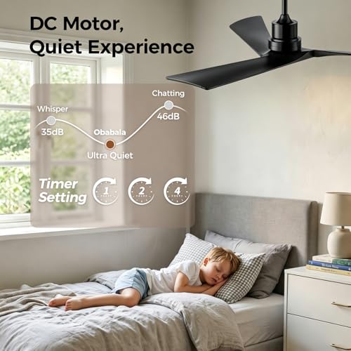 Image of Obabala Ceiling Fan 52 Inch with Remote, Solid Wood Blades DC Motor 5000 CFM Quiet 35dB, Reversible 6 Speed Modern Farmhouse for Bedroom Living Room Indoor Outdoor, No Light with Downrod