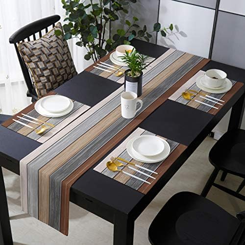 Cotton Linen Placemats Set of 6 with Table Runner 70 inches Long Rustic Farm Wood Grey Brown Washable Table Mats Decoration for Kitchen Dining Farmhouse Wedding Party Table