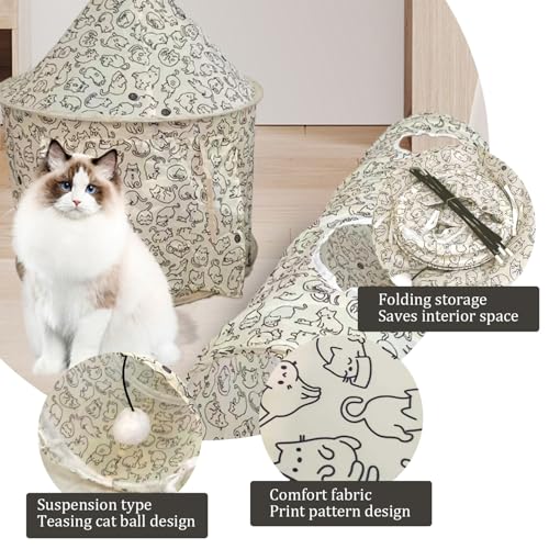 Túneles para gatos de interior con bola suspendida y refugio textil desmontable 6