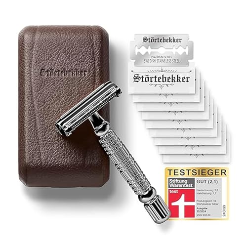 Störtebekker® Premium Rasierhobel Herren Hamburg - Rasierset mit 10 Rasierklingen & Leder-Etui - Nassrasierer Herren inkl. Reise-Etui mit Spiegel - *TESTSIEGER* Stiftung Warentest (12/2024)