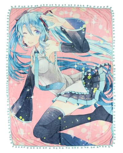 JUST FUNKY Hatsune Miku Blanket Anime Singer Pom Pom Fleece Throw 45 X 60