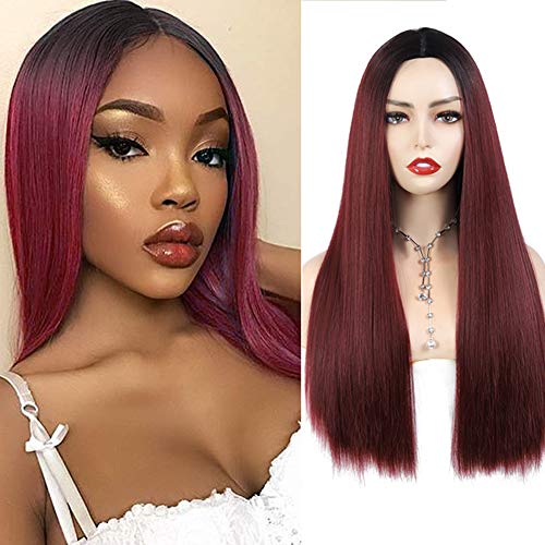Ombre Wine Red Wigs Long Straight Wig Ombre Color Long Synthetic Wigs for Women Middle Part Cosplay Daily Party Wig 26inch