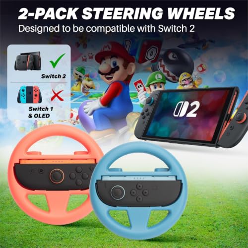 Image of NiTHO Racing Wheel Compatible with Switch 2 Controllers, Steering Wheel Grip for Racing Karting Games, Easy Snap-In Design, Gaming Accessory for Switch 2 (Pack of 2, Blue & Red)