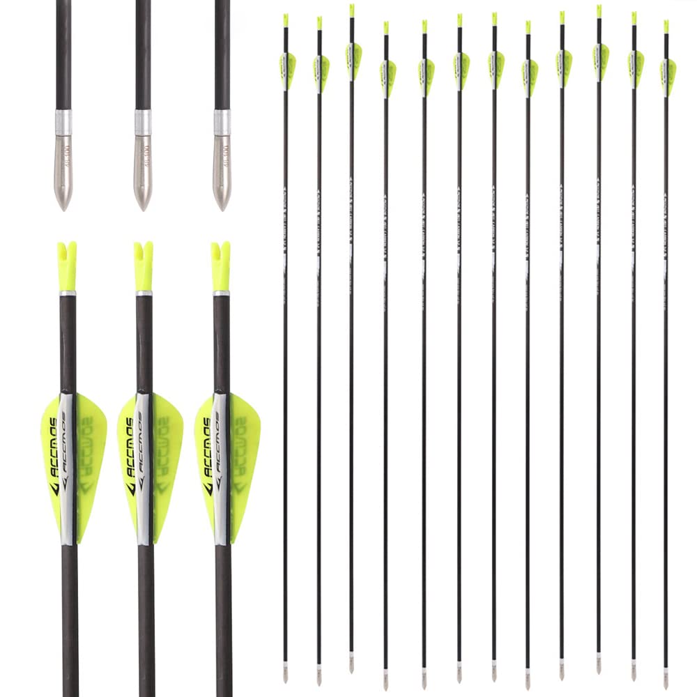 ACCMOS 12pcs Competition Practice Arrows ID 3.2mm 40T Carbon Arrow Spine 350 400 450 500 550 600 650 700 750 800 850 900 1000 Archery Competition Used Arrows (12pc, Spine 450 32inch)