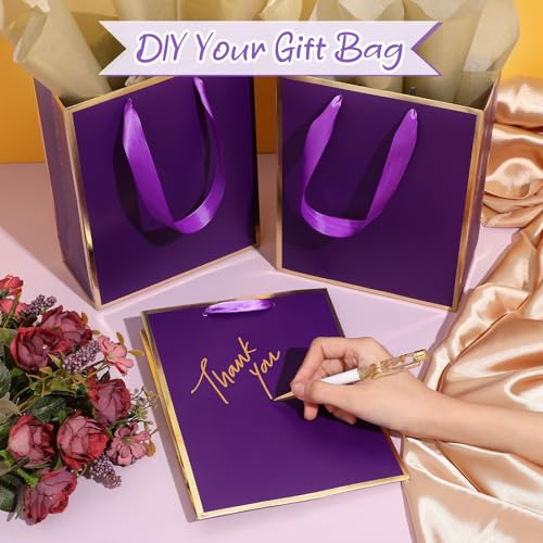 Image of Yeaqee 24 Pack Metallic Paper Gift Bag with Tissue, Purple Gold | with Satin Ribbon Handle and Tissue, 9x7x3.1 Inch, Suit Business, Birthday, Christmas, Thank You Return Gifts Bags