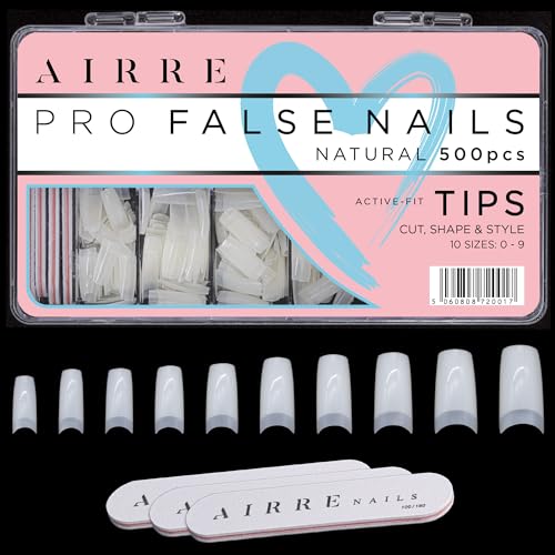 AIRRE 500 Capsule Ongles Acrylique Pro + 3 Limes avec Boîte - Faux Ongles Carrés French (10 tailles) pour Salons et DIY, Coupez, Limez, Formez, Gel UV/LED, Vernis et Nail Art (Naturel)