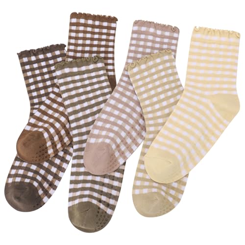 Image of 6 Pairs Women Ruffle Striped Frilly Socks, Cute Checkered Ankle Sock for Women Cotton Knit Casual Crew Socks