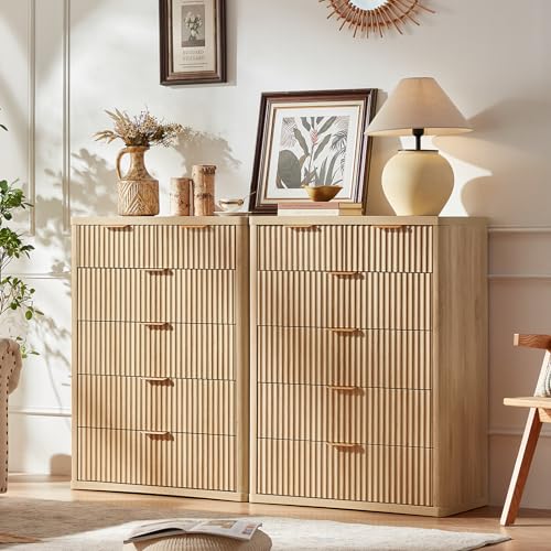 Image of LEYAOYAO Fluted 6 Drawers Dresser for Bedroom Set of 2, 42 inch Tall Modern Chest of Drawers with Metal Handle, Curved Profile Design,Wood Drawer Organizer for Bedroom,Living Room,Hallway,Natural